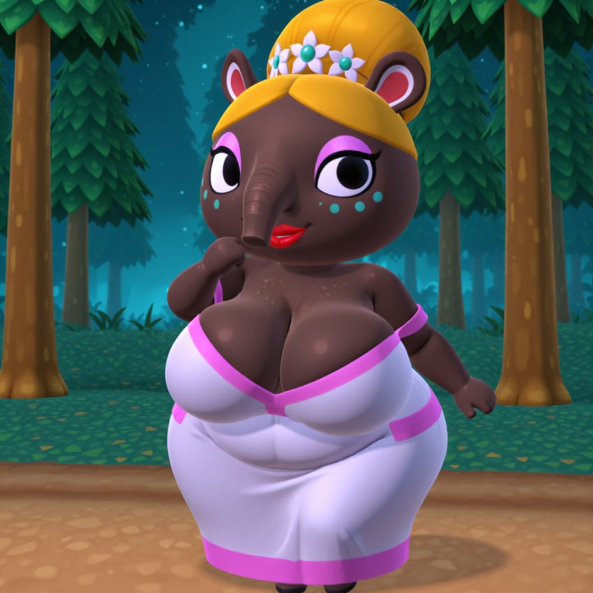 3d ai_generated animal_crossing animal_ears anthro bbw chibi chubby_arms chubby_female cleavage curvy dark_skin dress eyeshadow fat female forest furry hair_bun huge_breasts lips luna_(animal_crossing) makeup nintendo overweight plump red_lips red_lipstick sagging_breasts shortstack solo ssbbw tapir tapir_girl thick_thighs tiara trunk trunk_(anatomy) white_dress yellow_hair yeta2
