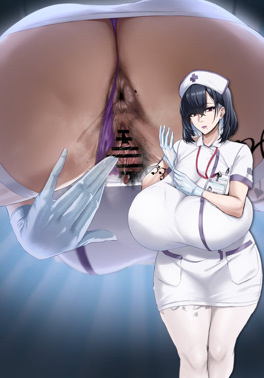 absurdres adjusting_clothes adjusting_gloves anus arm_tattoo black_hair breasts censored clothing_aside commentary_request cowboy_shot female from_below gloves hat highres huge_breasts leg_tattoo mole mole_on_ass nurse nurse_cap original panties panties_aside pantyhose pubic_hair queen_of_spades_symbol race_fetishism race_fetishism_symbol spread_pussy standing tattoo text thighhighs underwear white_gloves white_pantyhose zerogura