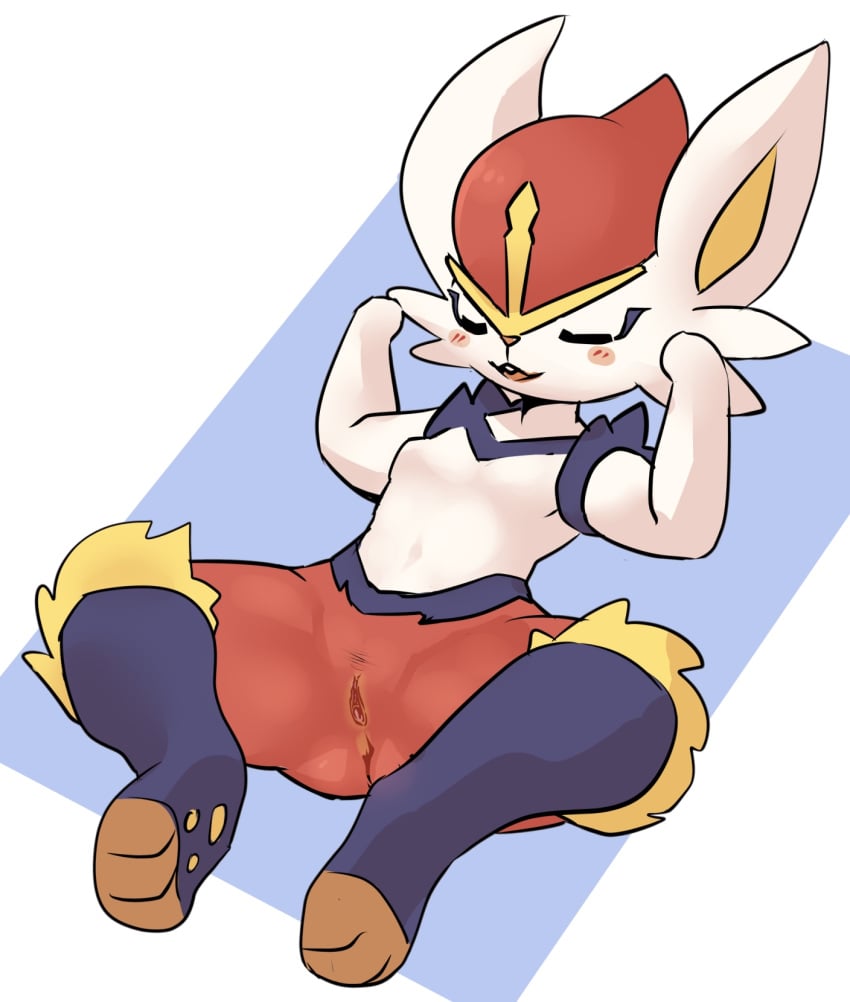 2022 3_toes anthro anus big_ears biped blue_background blue_body blue_fur blush blush_lines breasts buckteeth cheek_tuft cinderace closed_eyes digital_drawing_(artwork) digital_media_(artwork) facial_tuft featureless_breasts feet female female_anthro fur generation_8_pokemon genitals hi_res humanoid_genitalia humanoid_vulva lagomorph mammal multicolored_body multicolored_fur navel nintendo nude nude_anthro nude_female open_mouth orange_anus orange_nose orange_vulva pokemon pokemon_(species) pu_sukebe raised_arm red_body red_fur simple_background small_breasts small_nose solo teeth toes tuft vulva white_background white_body white_fur yellow_body yellow_fur yellow_inner_ear