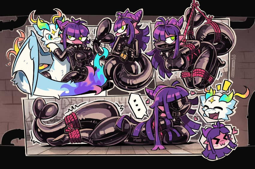 ambiguous_gender anthro arms_tied armwear big_breasts black_armwear black_bodysuit black_clothing black_elbow_gloves black_gloves black_handwear black_latex black_legwear black_skinsuit black_thigh_highs blindfold blue_body blue_fur bodysuit bondage bound breasts clothing collar dragon duo elbow_gloves female fur gloves green_eyes hair handwear heart_symbol hi_res kobold kurousagi_kemo latex latex_armwear latex_bodysuit latex_clothing latex_elbow_gloves latex_gloves latex_handwear latex_legwear latex_mask latex_skinsuit latex_thigh_highs legs_tied legwear lock lying mask multicolored_body multicolored_fur mythological_creature mythological_scalie mythology nora_(stove2) on_front on_ground pink_body purple_body purple_fur purple_hair restraints rope rope_bondage rope_harness scalie skinsuit spiked_collar spikes tail tail_tied thigh_highs tight_clothing wearing_mask white_body white_fur