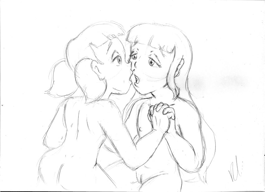 2girls atsuko_(inspector_gadget) female female_only flat_chest holding_hands inspector_gadget kissing monochrome multiple_girls nipples nude penny_gadget pussy rcanheta smooth_skin young yuri