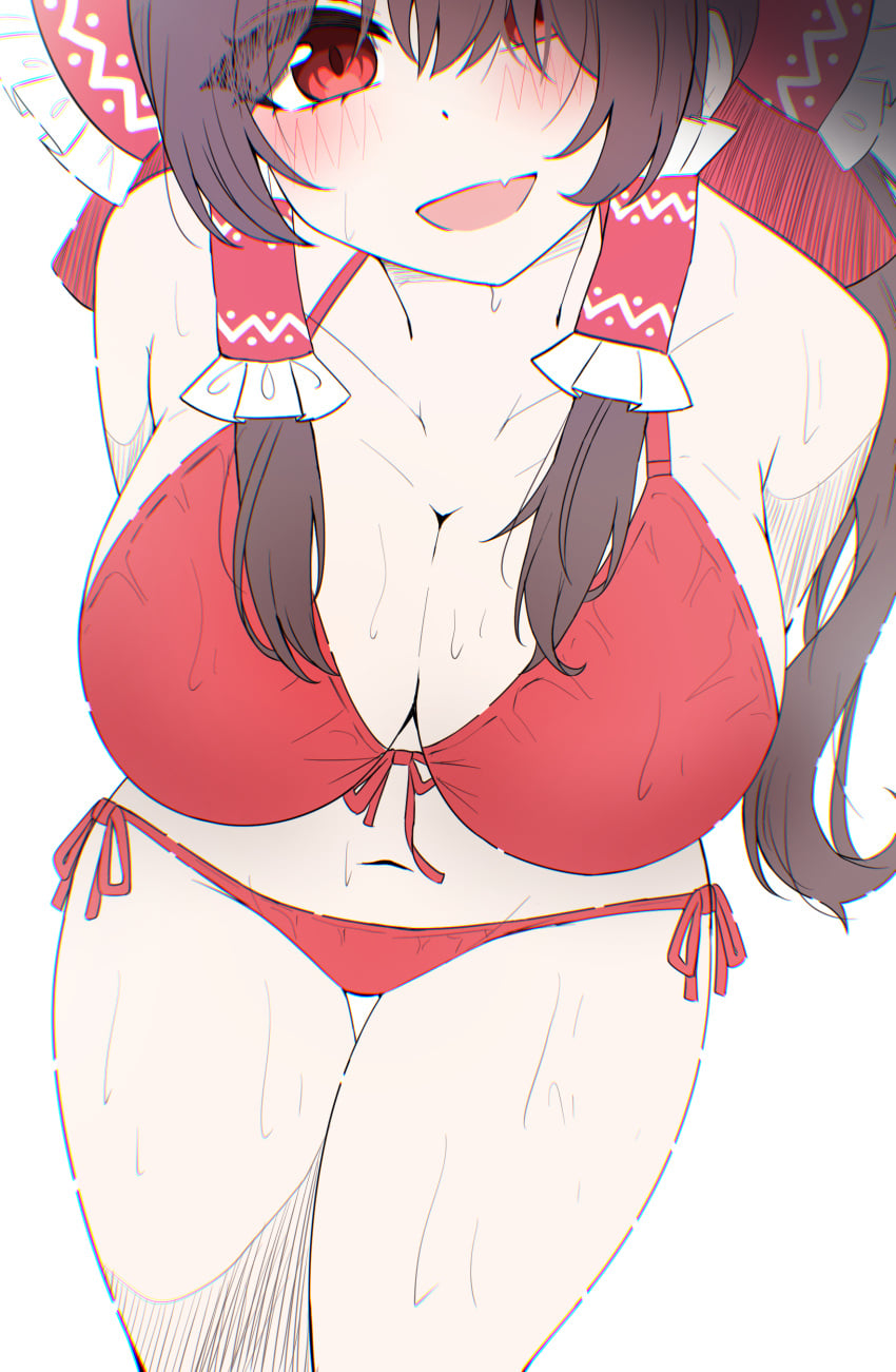 absurdres alternate_costume arms_behind_back bikini blush bow breasts brown_hair cleavage collarbone fang female frilled_bow frilled_hair_tubes frills hair_tubes hairbow hakurei_reimu highres kiui_(dagk8254) long_hair navel open_mouth paid_reward_available red_bikini red_bow red_eyes side-tie_bikini_bottom simple_background skin_fang smile solo sweat swimsuit touhou white_background