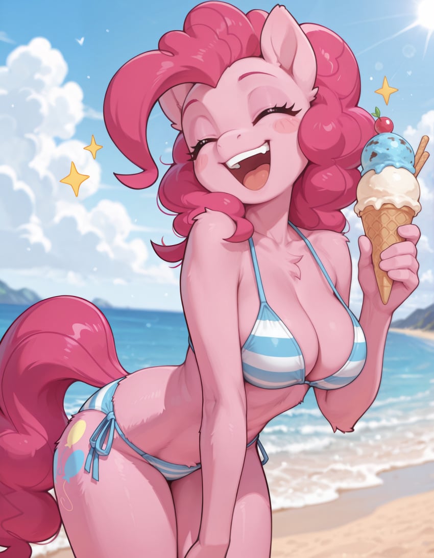 ai_generated anthro anthrofied beach bikini blue_sky blush blush_stickers breasts cherry cleavage closed_eyes clothed clothing cloud cutie_mark dessert emanata equid equine female food friendship_is_magic fruit fur hair happy hi_res horse ice_cream leaning leaning_forward light mammal my_little_pony open_mouth outside pattern_bikini pattern_clothing pattern_swimwear pink_body pink_fur pink_hair pinkie_pie_(mlp) plant pony portrait sea seaside sky solo striped_bikini striped_clothing striped_swimwear stripes sunlight swimwear three-quarter_portrait upper_teeth_only water