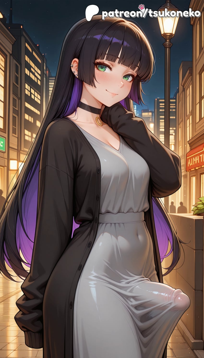 1futa 2026 ai_assisted ai_generated anime artist_name bangs black_choker blunt_bangs bocchi_the_rock! bookshelf building bulge choker city_lights cityscape cock dick earrings erection_under_clothes explicit futanari green_eyes hi_res high_quality high_resolution highres long_hair night night_sky pa-san patreon patreon_username penis smile solo stable_diffusion tsukoneko watermark