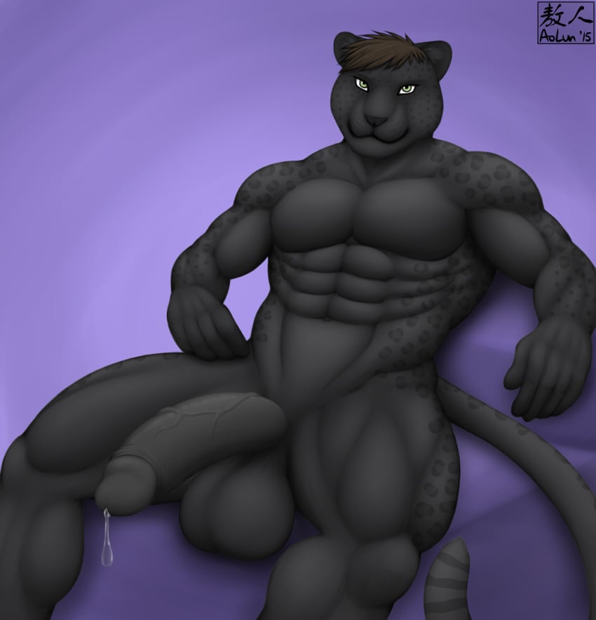 1boy 2015 abs anthro aolun balls biceps big_balls big_penis black_panther black_penis brown_hair dripping feline fur green_eyes hair half-erect huge_cock humanoid_penis leopard looking_at_viewer male male_only mammal markings muscles nude panther pecs penis precum presenting solo spots spreading vein