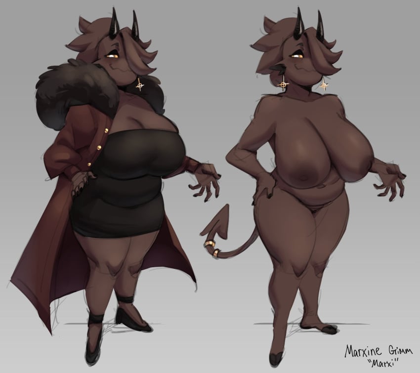 2026 2_horns 5_fingers accessory areola black_clothing black_dress black_eyeshadow black_horn breasts brown_areola brown_body brown_hair brown_nipples cleavage clothed clothing coat demon demon_humanoid digital_drawing_(artwork) digital_media_(artwork) dress ear_piercing eyeshadow female female_humanoid fingers footwear full-length_portrait furgonomics hair hair_over_eye hand_on_hip head_horn hi_res horn horned_humanoid humanoid jewelry makeup marxi_(rekkadraws) model_sheet mouth_closed nipples nude nude_female nude_humanoid piercing portrait pupils rekkadraws ring shoes simple_background slightly_chubby slightly_chubby_female slightly_chubby_humanoid smile solo spade_tail tail tail_accessory tail_jewelry tail_ring tailed_humanoid text thick_thighs topwear white_pupils