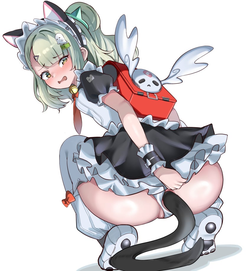 absurdres anal anal_object_insertion anal_tail angels_of_delusion animal_ear_hairband animal_ears ass ass_focus asymmetrical_bangs backpack bag bell black_hairband black_skirt black_tail black_wrist_cuffs blush bow bow_legwear breasts bright_pupils cat_ear_hairband cat_ears cat_tail clothing_aside commentary embarrassed english_commentary fake_animal_ears fake_tail female frilled_hairband frilled_skirt frilled_wrist_cuffs frills from_behind full_body furrowed_brow ghost_hair_ornament green_eyes green_hair hair_ornament hairband highres huge_ass jingle_bell leg_warmers looking_at_viewer looking_back maid maid_headdress medium_hair miniskirt neck_bell necktie nose_blush object_insertion one_side_up open_mouth orange_bow panties panties_aside partially_visible_vulva patomu paw_shoes pawpads pear-shaped_figure puffy_short_sleeves puffy_sleeves raised_inner_eyebrows randoseru red_bag red_necktie shiny_skin shirt shoe_soles shoes short_sleeves simple_background skirt sleeve_cuff_bow small_breasts solo squatting sunna_(afternoon_tea_break)_(zenless_zone_zero) sunna_(zenless_zone_zero) swept_bangs tail thighhighs tiptoes triangle_hair_ornament underwear uneven_eyes white_background white_bow white_leg_warmers white_panties white_pupils white_shirt white_shoes white_thighhighs white_wings winged_bag wings wrist_cuffs zenless_zone_zero