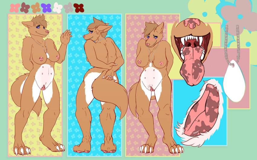 2018 4_toes 5_fingers anatomically_correct animal_genitalia anthro areolae breasts brown_fur brown_hair canine character_sheet chest_tuft claws digital_media_(artwork) ear_fluff female female_focus female_only flower fur furry mammal model_sheet mottled_genitalia mottled_nose mottled_tongue nipples nude pendant pussy short_hair simple_background tail teats two_tone_fur violet_eyes white_fur yeenr