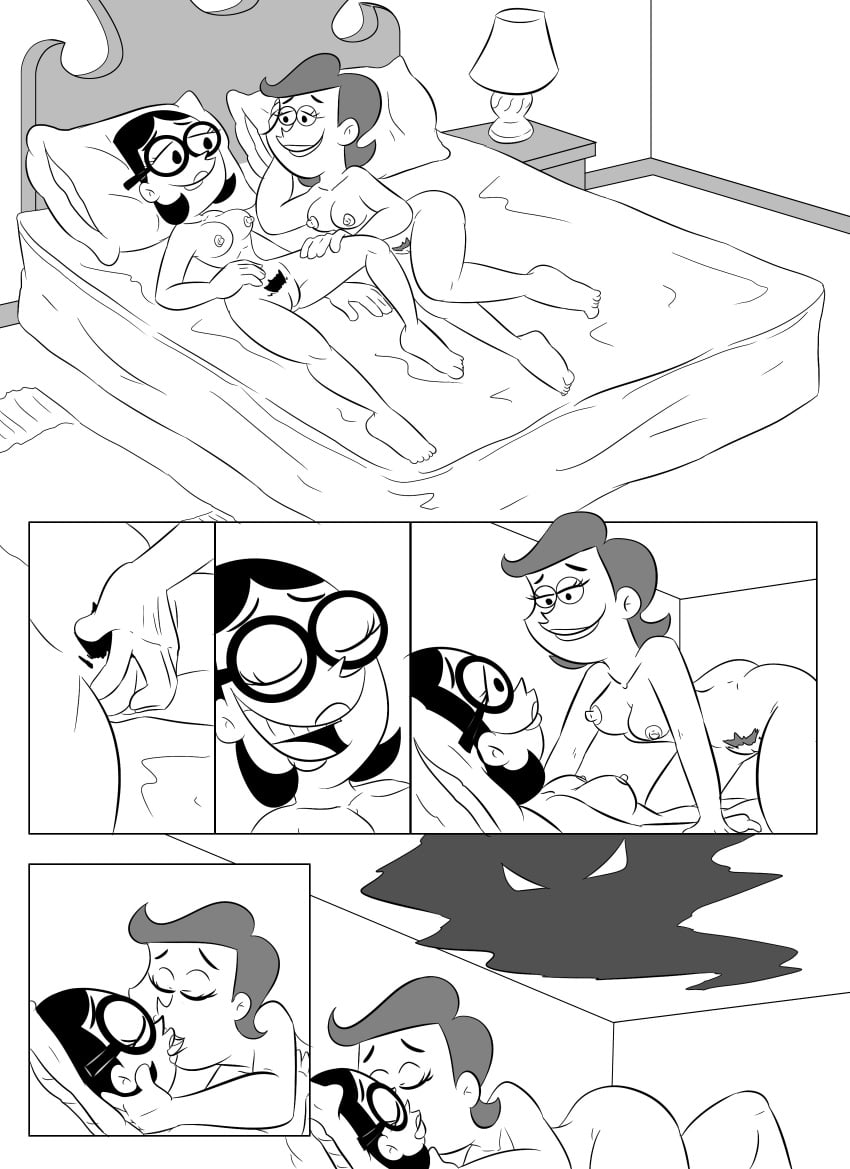 2girls breasts comic duo female female_only glasses happy_sex kiss kissing mature_female milf monochrome multiple_girls nickelodeon nicky_(fairly_odd_parents) nipples pussy rcanheta straight_hair the_fairly_oddparents timmy's_mom yuri