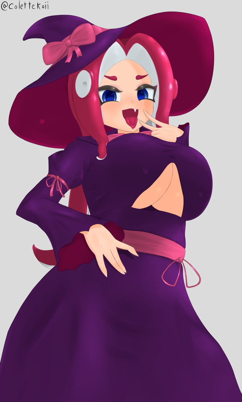 1girls alternate_version_available artist_signature blue_eyes blush brushmommy cleavage colettekoii fangs female large_breasts looking_down low-angle_view nintendo open_mouth simple_background smile solo splatoon splatoon_(series) splatoon_3 tentacle_hair witch witch_costume witch_hat