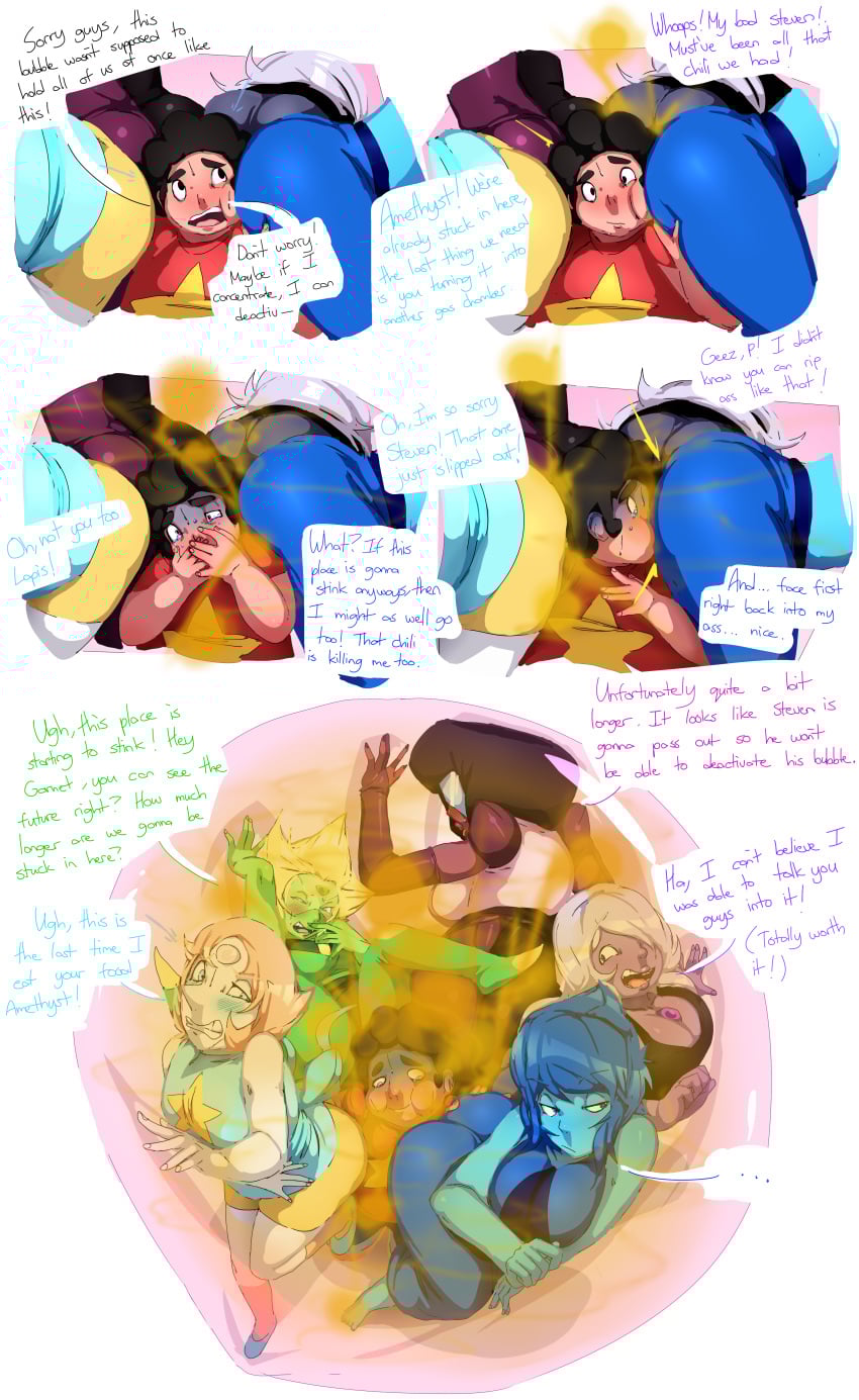 1boy 5_fingers 5girls accidentally_stuck afro alien alien_girl alien_humanoid amethyst_(steven_universe) ass ass_focus ass_in_face big_ass big_breasts big_butt black_hair black_tanktop blue_body blue_dress blue_hair blue_skin blue_top blush blush_lines breasts butt_focus butt_in_face cartoon_network chubby chubby_male claustrophobic_location cleavage comic covering_nose crying crying_with_eyes_open disgusted dress enjoying_farting face_fart face_in_ass face_in_butt fart fart_bukkake fart_fetish fart_torture farting_in_face female garnet_(steven_universe) gassy_female gem_(species) glasses green_hair green_skin hair_over_one_eye lapis_lazuli_(steven_universe) lazei long_nose monochrome multiple_females multiple_girls overweight overweight_male pearl_(steven_universe) peridot_(steven_universe) pink_hair purple_body purple_hair purple_skin red_body red_skin red_t-shirt shades shorts steven_quartz_universe steven_universe t-shirt tank_top text text_bubble thick_thighs trapped trapped_in_bubble turning_blue visor_glasses white_body white_skin wide_hips yellow_shorts