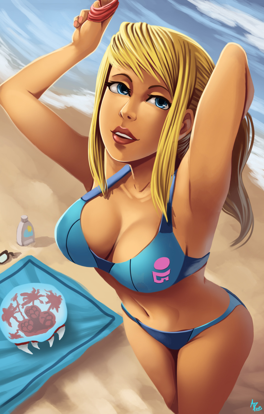 arm_behind_head armpits arms_up beach bikini blonde_hair blue_eyes bra breasts cleavage female female_only from_above hair highres human large_breasts long_hair lotion mat metroid metroid_(creature) navel nintendo ocean outdoors parsujera ponytail samus_aran sand smile solo standing sunglasses tied_hair water