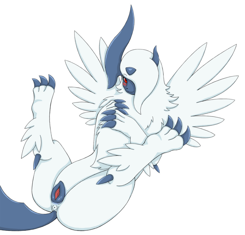 2015 3_fingers 3_toes absol all_fours animal_genitalia anus ass black_nose blush claws eyelashes fang_asian feathers female feral fur hair looking_at_viewer lying mammal mega_absol mega_evolution nintendo nude plain_background pokemon pokemon_(species) pokephilia presenting pussy red_eyes smile solo spread_legs spreading toe_claws toes video_games white_background white_fur wings