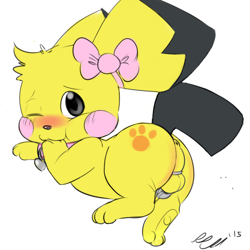 1boy 2015 anus ass backsack blush bow chastity chastity_cage chastity_device collar fan_character fur furry furry_only girly heart looking_at_viewer male male_chastity male_only markings nintendo one_eye_closed pichu plain_background pokemon rairai rairai_(character) smile solo testicles video_games white_background wink yellow_fur younger