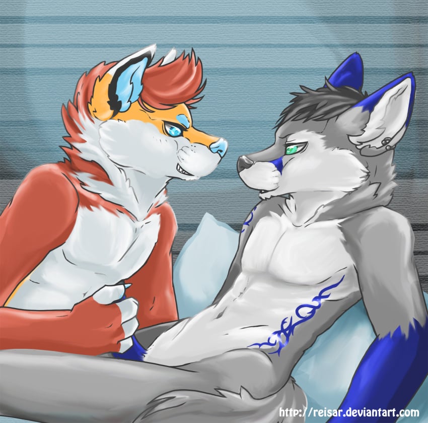 amber canine darkfawks foyote grin handjob male mammal multiple_males no_humans reisar reisar_(character) teasing yaoi