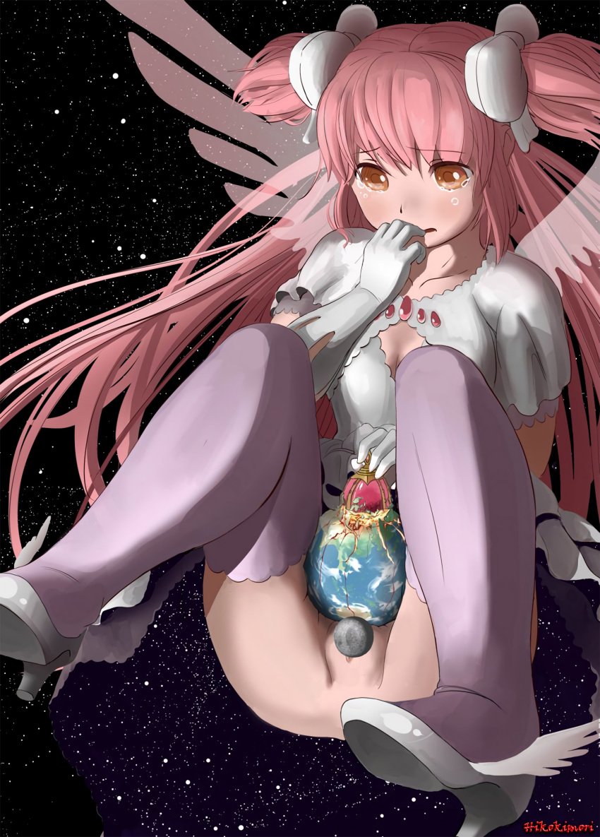 earth edit giant hairbow high_heels madoka_kaname magical_girl mahou_shoujo_madoka_magica masturbation moon pink_hair planet soul_gem space spread_legs star starry_sky stockings tears thighhighs ultimate_madoka wings