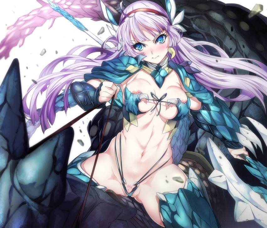 ahoge areolae armor axe bangs blue_eyes blunt_bangs blush breasts cleavage dragon earrings female hairband jewelry large_breasts long_hair lucille_(sennen_sensou_aigis) micro_panties navel niko_(tama) nipple_slip nipples panties pubic_hair purple_hair pussy pussy_peek riding sennen_sensou_aigis solo straddling thighhighs underwear very_long_hair weapon