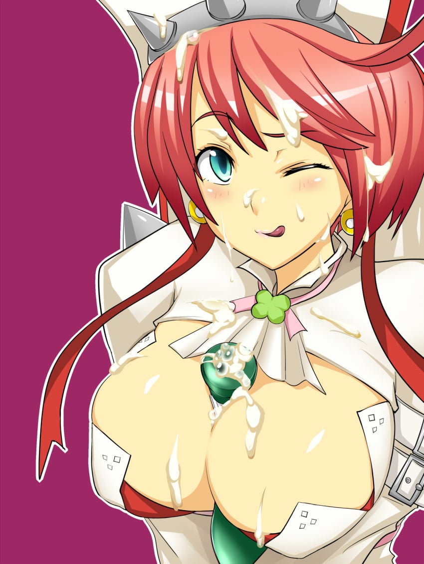 1girls ;q between_breasts big_breasts blue_eyes blush breasts champagne cleavage clover_hair_ornament earrings elphelt_valentine facial female four-leaf_clover guilty_gear guilty_gear_xrd hairband hat highres implied_paizuri jewelry large_breasts object_between_breasts okyou one_eye_closed pink_hair short_hair solo sugestive_fluid tongue tongue_out v_arms