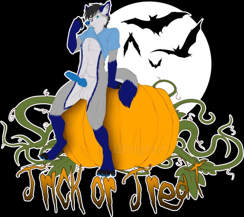 bat clothing darkfawks foyote grin halloween holidays knot male_only mammal moon paws presenting pumpkin shirt stomach vines wolgram