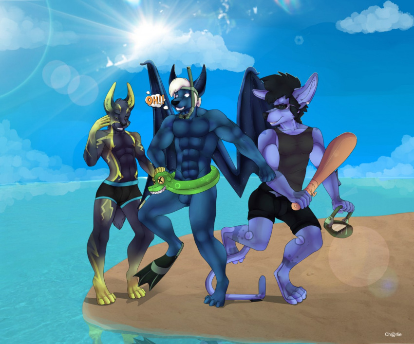 anthro balls bat beach charlie-spaice closed_eyes clothed clothing cloud inner_tube lagomorph male male_only mammal muscular nightswing nude public rabbit reflection sand seadogcharlie seaside snorkel speech_bubble stunbun sun swimsuit text underwear water wings worried