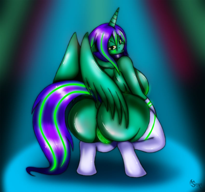 2015 alicorn anthro anus ass big_breasts big_butt breasts dock duo equine female fluoresca_neon gloves glowing hair half-closed_eyes hi_res horn huge_breasts looking_at_viewer mammal my_little_pony pussy rule_63 suirano wings