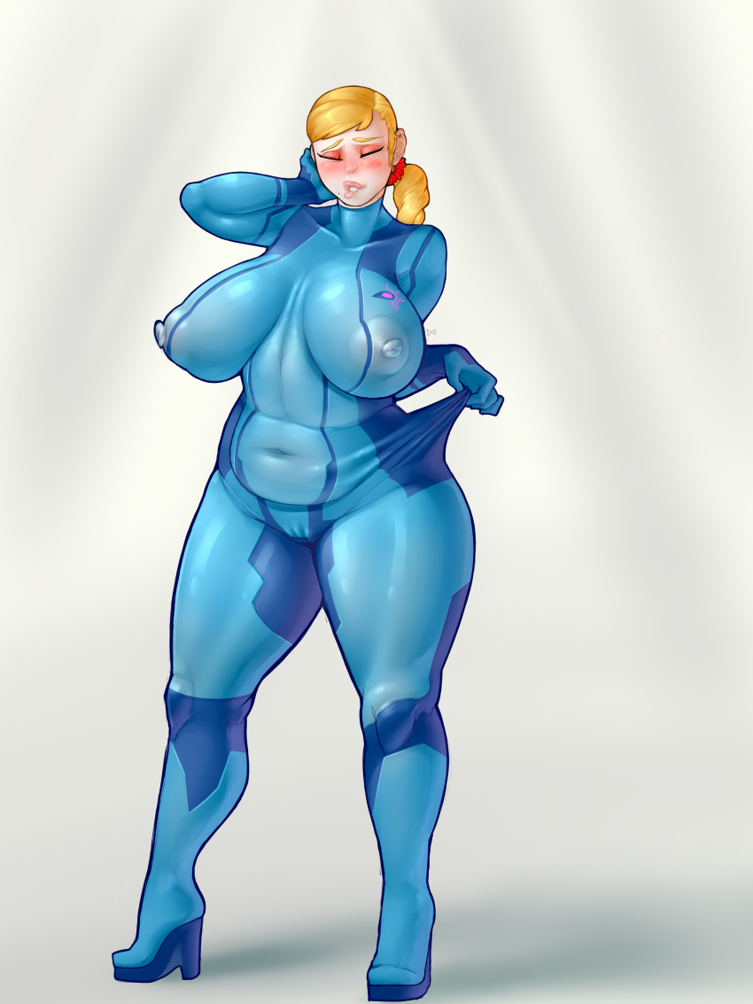 biting_lip blonde_hair blush bodysuit breasts cameltoe chubby closed_eyes curvy fat female female_only high_heels human large_breasts metroid mole navel nintendo nipples overweight plump ponytail samus_aran see-through slightly_chubby solo standing tied_hair tight_clothes upright-infinity zero_suit zero_suit_samus