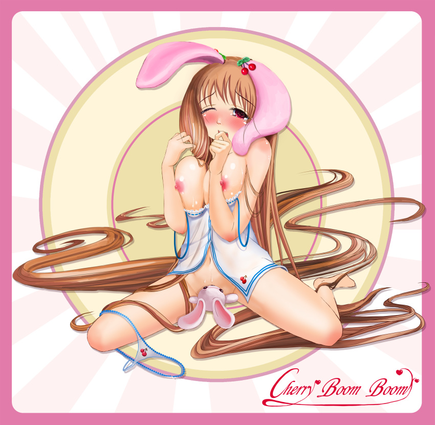 animal_ears barefoot breast_squeeze breasts brown_hair bunny_ears camisole cherry cherry_(ohayou_girls) female female_orgasm food fruit g-string grinding highres large_breasts long_hair masturbation nipples ohayou_girls one_eye_closed orgasm original panties panties_around_leg red_eyes see-through sitting solo strap_slip stuffed_animal stuffed_bunny stuffed_toy sweat tears thong underwear very_long_hair wariza