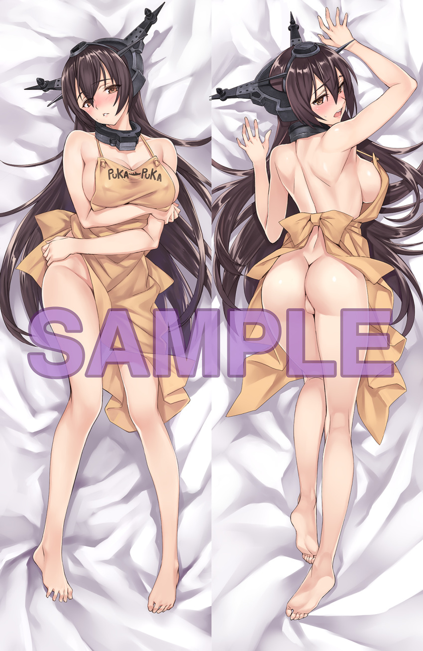 apron ass barefoot blush breasts brown_eyes brown_hair cleavage dakimakura female headgear highres kantai_collection large_breasts long_hair lying matsuryuu nagato_(kantai_collection) naked_apron on_back open_mouth parted_lips sample