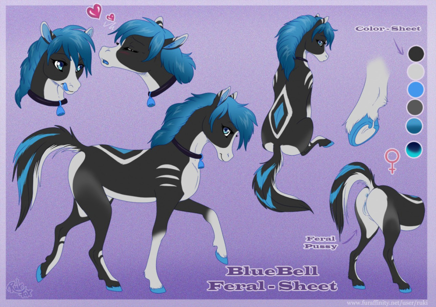 2015 anus ass blue_eyes blue_hair bluebell cute equine female feral hair heart hooves horse mammal model_sheet pussy rukifox