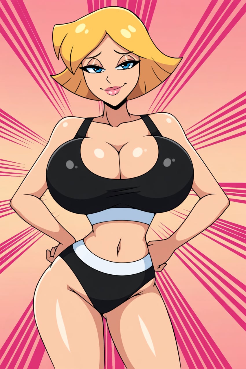 1girls ai_assisted ai_generated big_breasts blonde_hair blue_eyes bursting_breasts cleavage clover_(totally_spies) edit female female_only grok hands_on_hips hourglass_figure huge_breasts iggy-bomb lipstick panties simple_background slim_waist small_waist solo sports_bra teasing thick_thighs top_heavy totally_spies