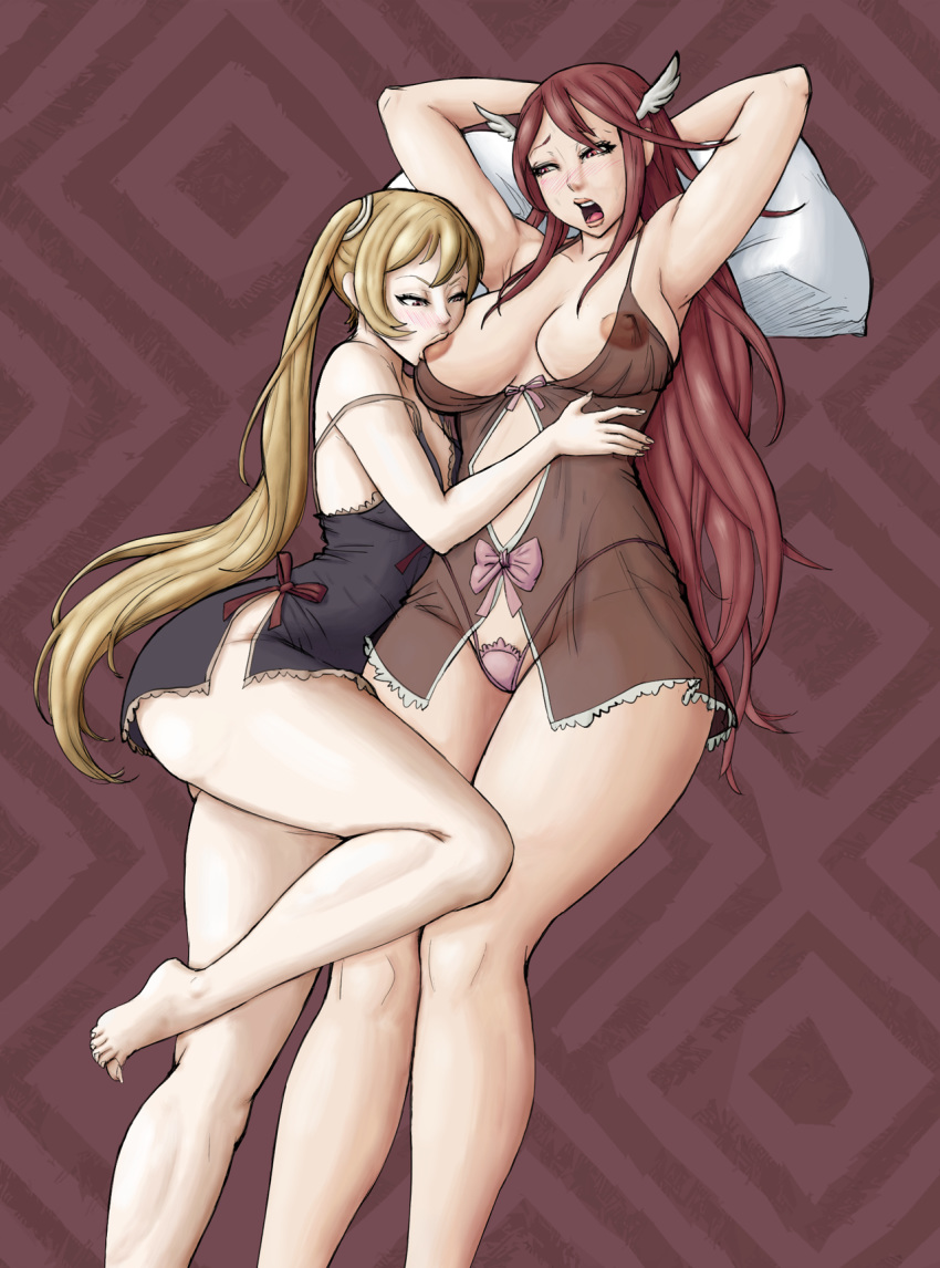 2girls alternate_breast_size armpits arms_up barefoot blonde_hair breasts brown_eyes brown_hair clothes colored cordelia_(fire_emblem) feet female female_only fire_emblem fire_emblem_awakening hands_behind_head hourglass_figure incest large_breasts legoman lesbian long_hair lying mother_and_daughter multiple_girls night_gown nintendo nipple_suck nipples open_mouth panties see-through severa_(fire_emblem) soubriquetrouge sweat underwear yuri