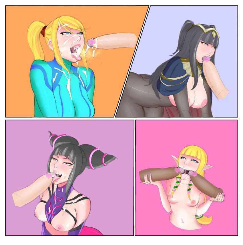 4girls black_hair blonde_hair blowjob blue_eyes blunt_bangs blush bodystocking breasts collage colored colorized cum demigoddess edit faceless_male facial fellatio female fire_emblem fire_emblem_awakening goddess hair human hylian juri_han legoman licking licking_penis male metroid multiple_boys multiple_females multiple_girls nintendo oral penis penis_kiss penis_lick pointy_ears princess_zelda samus_aran skyward_sword straight street_fighter teenager tharja_(fire_emblem) the_legend_of_zelda third-party_edit tongue zelda_(skyward_sword) zero_suit zero_suit_samus