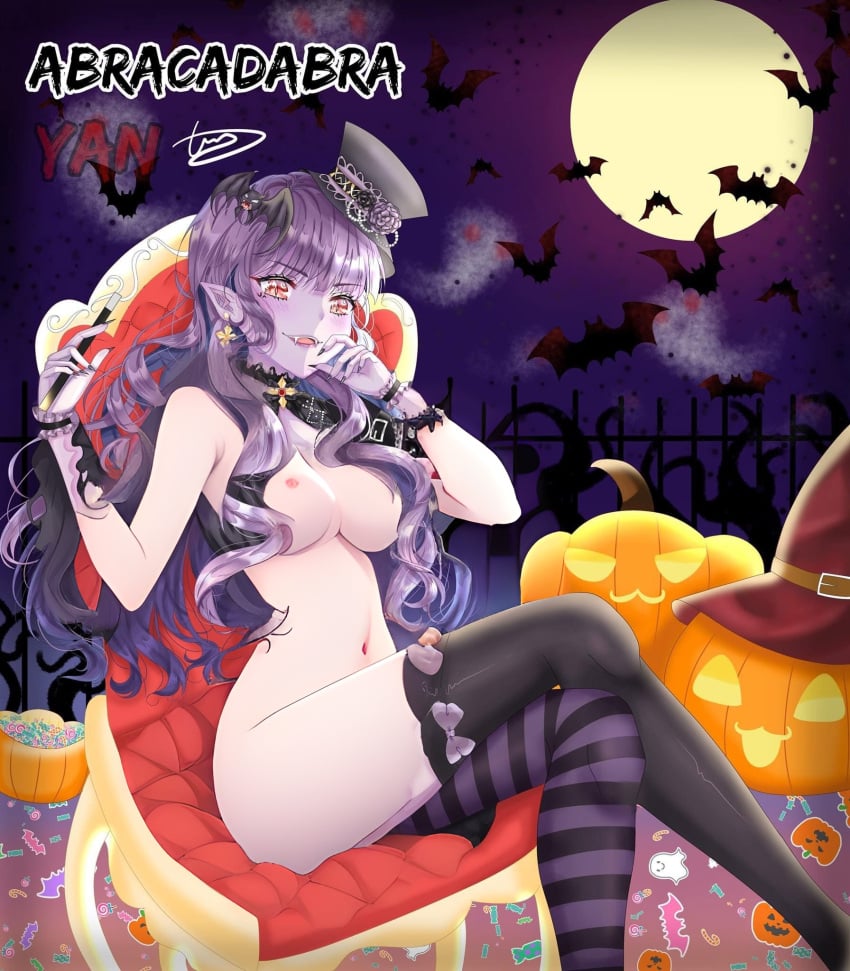 abra(lhms) ass bat jaki moon nude pumpkin purple_hair purplegray red_chair red_eyes striped_socks vampire vampire_girl