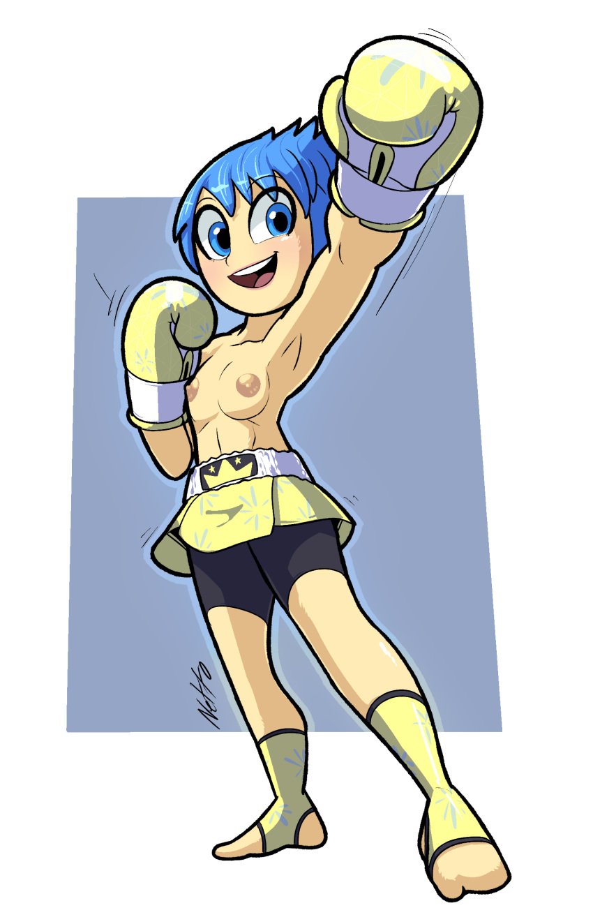 1girls alternate_version_available blue_eyes blue_hair boxing boxing_gloves breasts disney female_only flat_chest inside_out inside_out_2 joy_(inside_out) netto-painter nipples no_bra pixar short_hair short_hair_female small_boobs small_breasts solo solo_female solo_focus sports_bra sports_shorts sports_uniform sportswear stirrup_legwear tagme toeless_legwear topless yellow_body yellow_skin