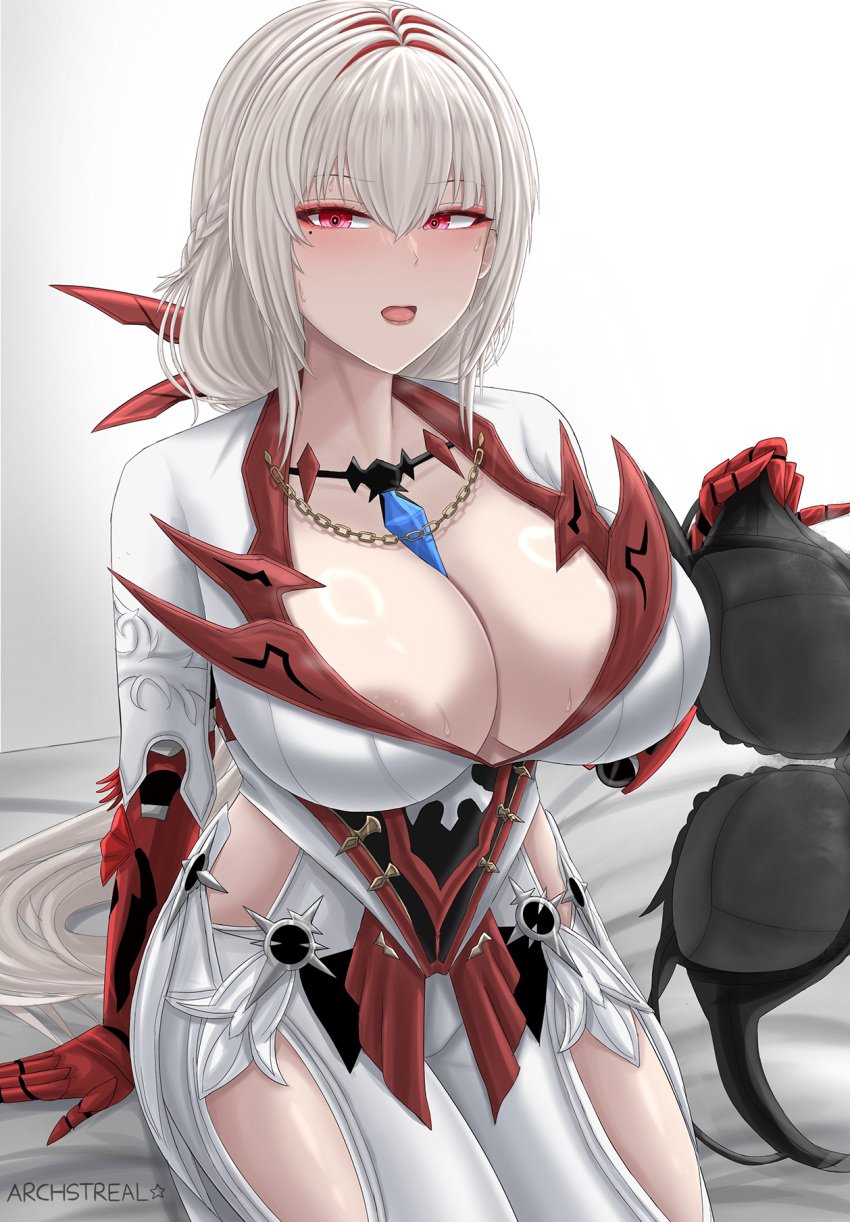 1girls alternate_costume archstreal areola_slip bed bianca_(punishing:_gray_raven) clothed large_breasts long_hair pale_skin punishing:_gray_raven red_eyes red_hair robot_girl silver_hair sitting solo