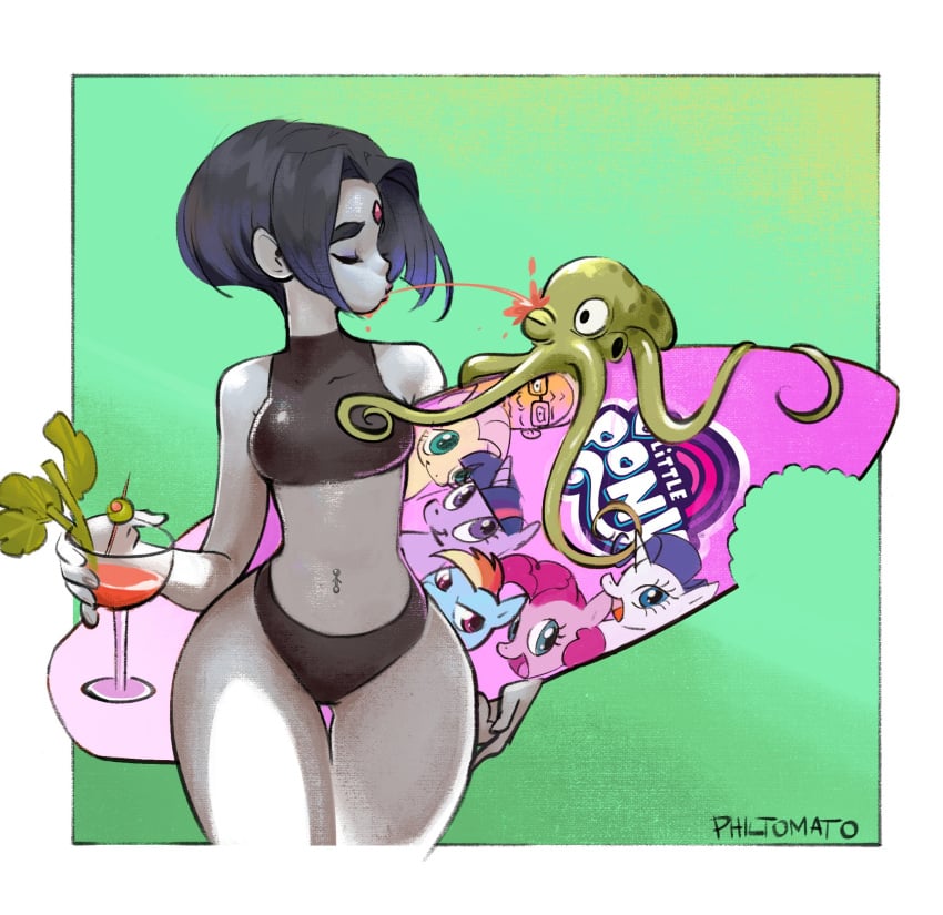 1boy 1girls beast_boy bikini black_bikini black_hair cephalopod closed_eyes colored_skin cowboy_shot cup dc_comics female feral forehead_jewel green_background grey_skin halterneck highres holding holding_cup holding_surfboard navel octopus philtomato profile raven_(dc) short_hair signature soul_surfer surfboard swimsuit tankini teen_titans thick_thighs wwide_hips