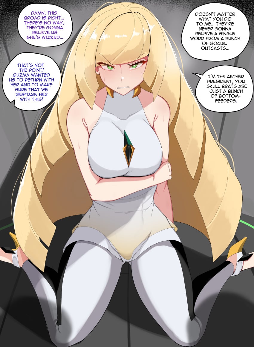 1girls angry bagelbomb big_breasts blonde_hair breasts dialogue female femsub fringe green_eyes imminent_bondage kneeling light-skinned_female long_hair lusamine_(pokemon) on_knees petite pokemon slim very_long_hair