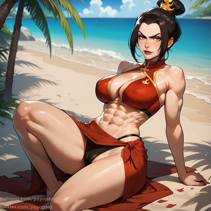 1girls abs ai_generated avatar_legends avatar_the_last_airbender azula beach clothed clothing curvy female female_focus female_only fire_nation fit_female from_above lying mommy muscles psyopsai solo solo_focus thong_above_skirt