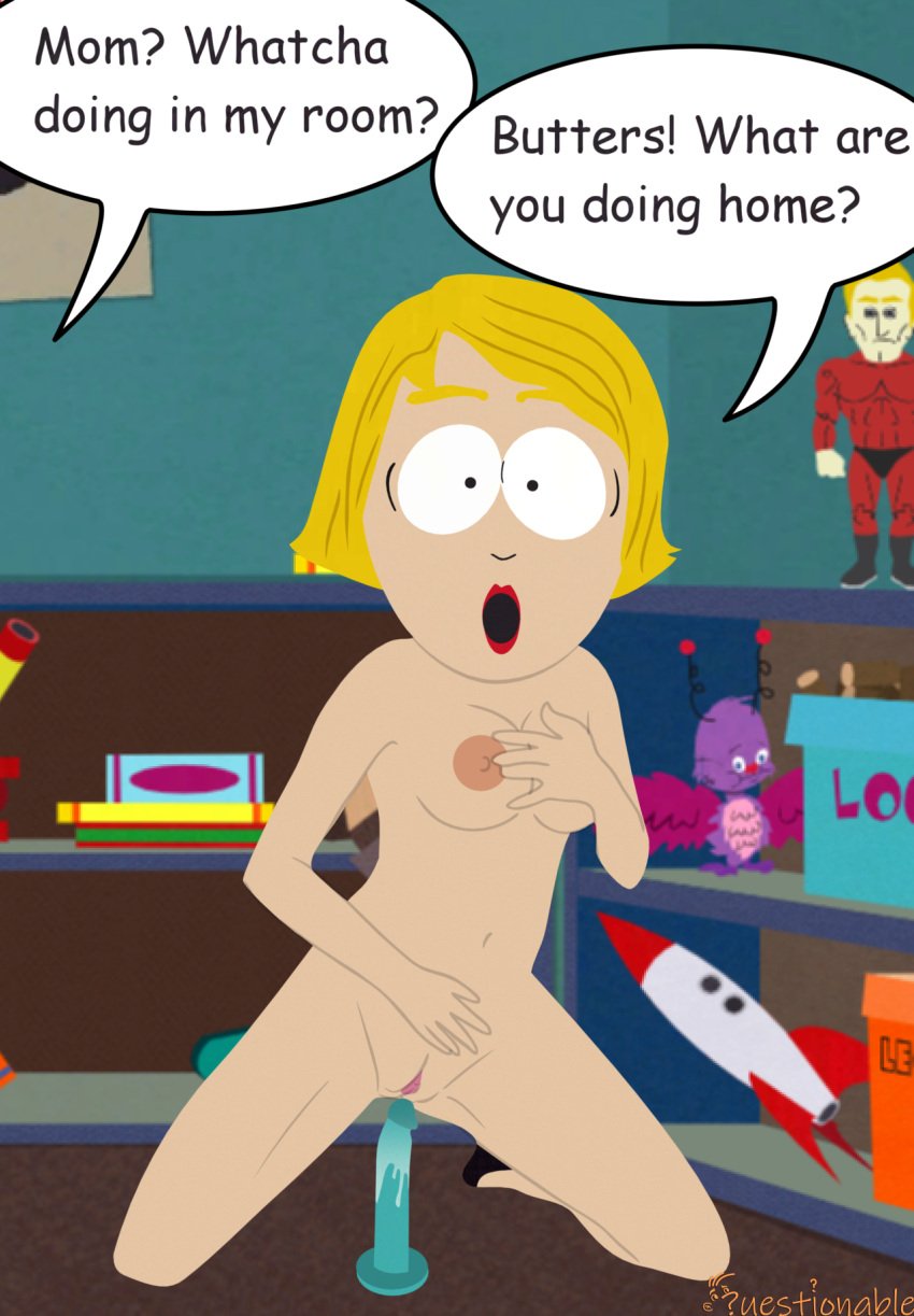 blonde_hair caught_in_the_act dildo grabbing_own_breast linda_stotch milf pussy_juice_on_dildo questionable_(artist) sex_toy shocked_expression short_hair solo south_park