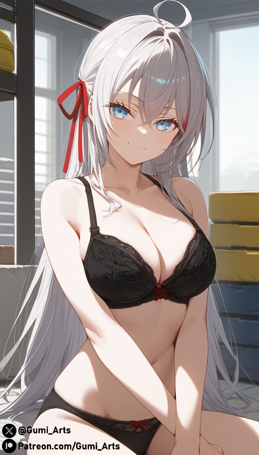 ai_generated alisa_mikhailovna_kujou blue_eyes bra cleavage gumi_arts gym_storeroom indoors large_breasts lingerie looking_at_viewer panties silver_hair sitting smile stable_diffusion tokidoki_bosotto_russian_de_dereru_tonari_no_alya-san