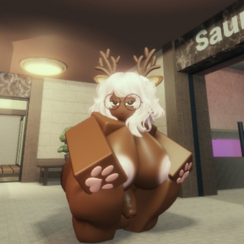 3d balls big_balls big_breasts big_dick big_penis breasts futa_only futadom futanari heart_eyes mommy pawpads penis pink_hair pose pussy reindeer_ears reindeer_tail roblox tan_skin