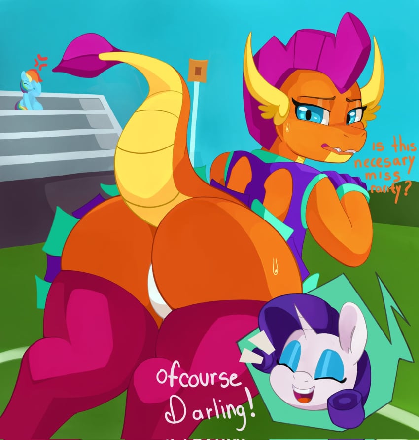 ass bottomwear clothed clothing dk'artz dragon equid equine female friendship_is_magic genitals hasbro hi_res horse mammal my_little_pony mythological_creature mythological_scalie mythology pony pussy rainbow_dash_(mlp) raised_bottomwear raised_clothing raised_skirt rarity_(mlp) scalie skirt smolder_(mlp)