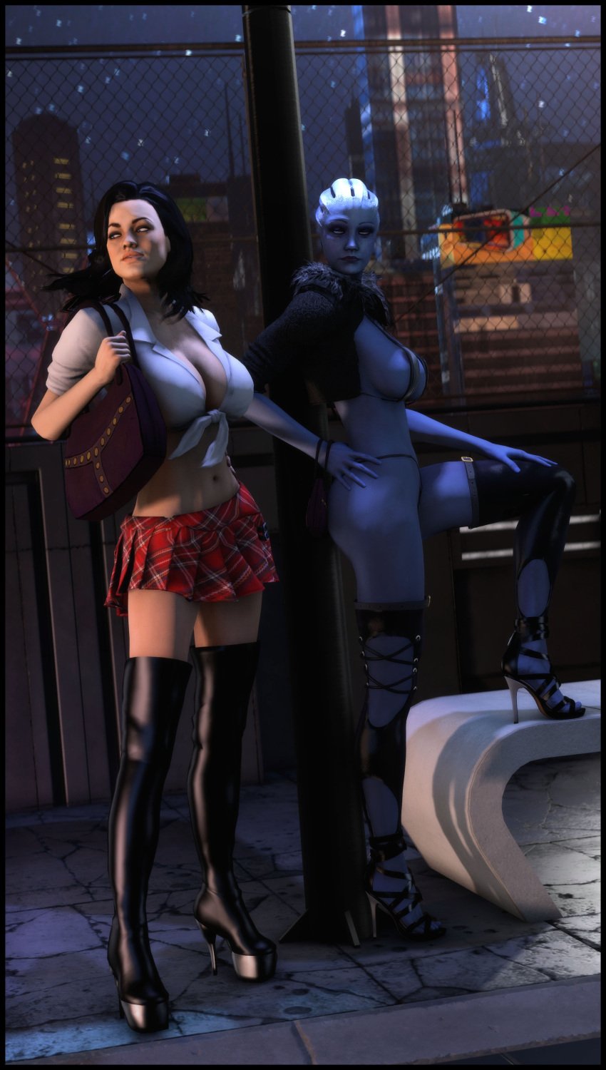 3d 3d_(artwork) asari boots clothed clothing foab30 high_heel_boots high_heels hooker liara_t'soni mass_effect miranda_lawson prostitute prostitution school_uniform schoolgirl seductive seductive_look thigh_boots