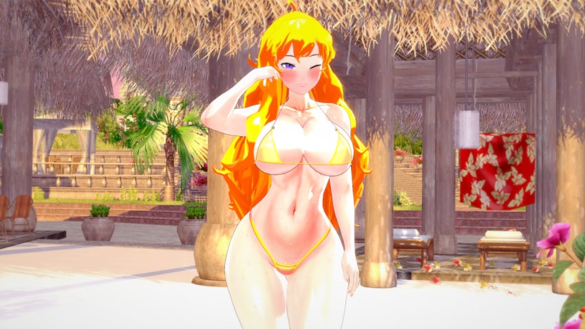 1girls 3d beach bikini bikini_bottom bikini_top blonde_female blonde_hair long_hair long_hair_female nakadashi_(artist) purple_eyes rwby solo_female yang_xiao_long