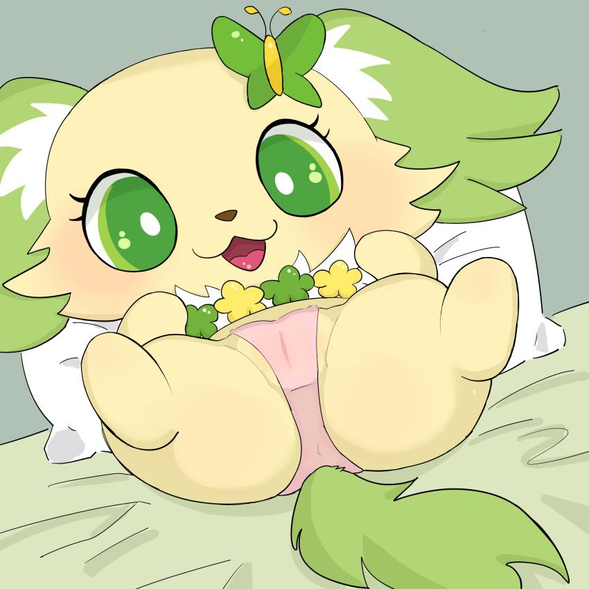 :3d absurd_res accessory anus bed camel_toe canid canine canis clothing domestic_dog drugolld female feral fur furniture genitals green_body green_eyes green_fur hair_accessory hi_res jewelpet jewelpet_(series) jewelpet_(species) jewelry lying mammal necklace on_back on_bed panties peridot_(jewelpet) pillow pink_clothing pink_panties pink_underwear pussy sanrio sega sega_fave sega_toys smile solo underwear yellow_body yellow_fur