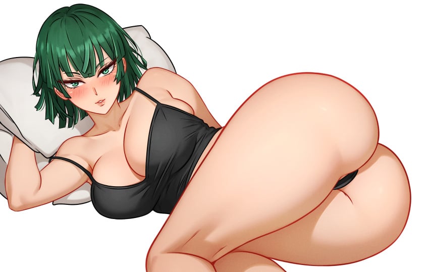 1girls alternate_version_available ass big_ass big_breasts blush bottomwear breasts camisole cetta_(cettadvd) cleavage dat_ass female female_only fubuki_(one-punch_man) green_eyes green_hair hair huge_ass huge_breasts lips looking_at_viewer on_side one-punch_man pillow seductive seductive_look short_hair solo solo_female thighs topwear white_background