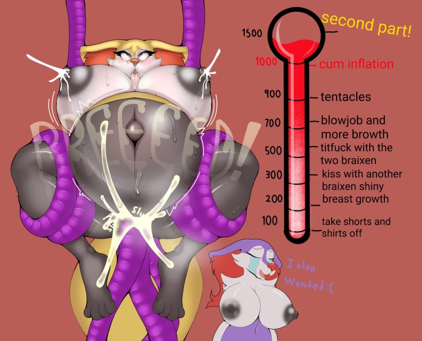 anthro belly big_belly big_breasts bodily_fluids braixen breasts crying cum cum_inside cumflation duo ejaculation elzorrogomita english_text female foxgumie fur generation_6_pokemon genital_fluids hi_res huge_belly inflation nintendo penetration pokemon pokemon_(species) purple_body purple_fur red_eyes sex shiny_pokemon tears tentacle tentacle_penetration tentacle_sex text white_body yellow_body yellow_fur