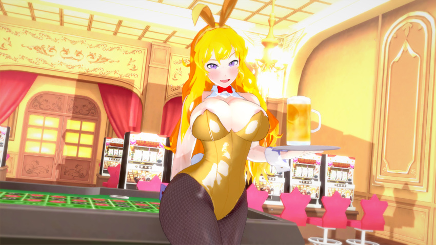 1girls 3d beer big_breasts blonde_female blonde_hair breasts bunny_ears bunny_girl bunnysuit casino casino_card_table casino_table clothed_female nakadashi_(artist) nipple_slip rwby solo_female yang_xiao_long