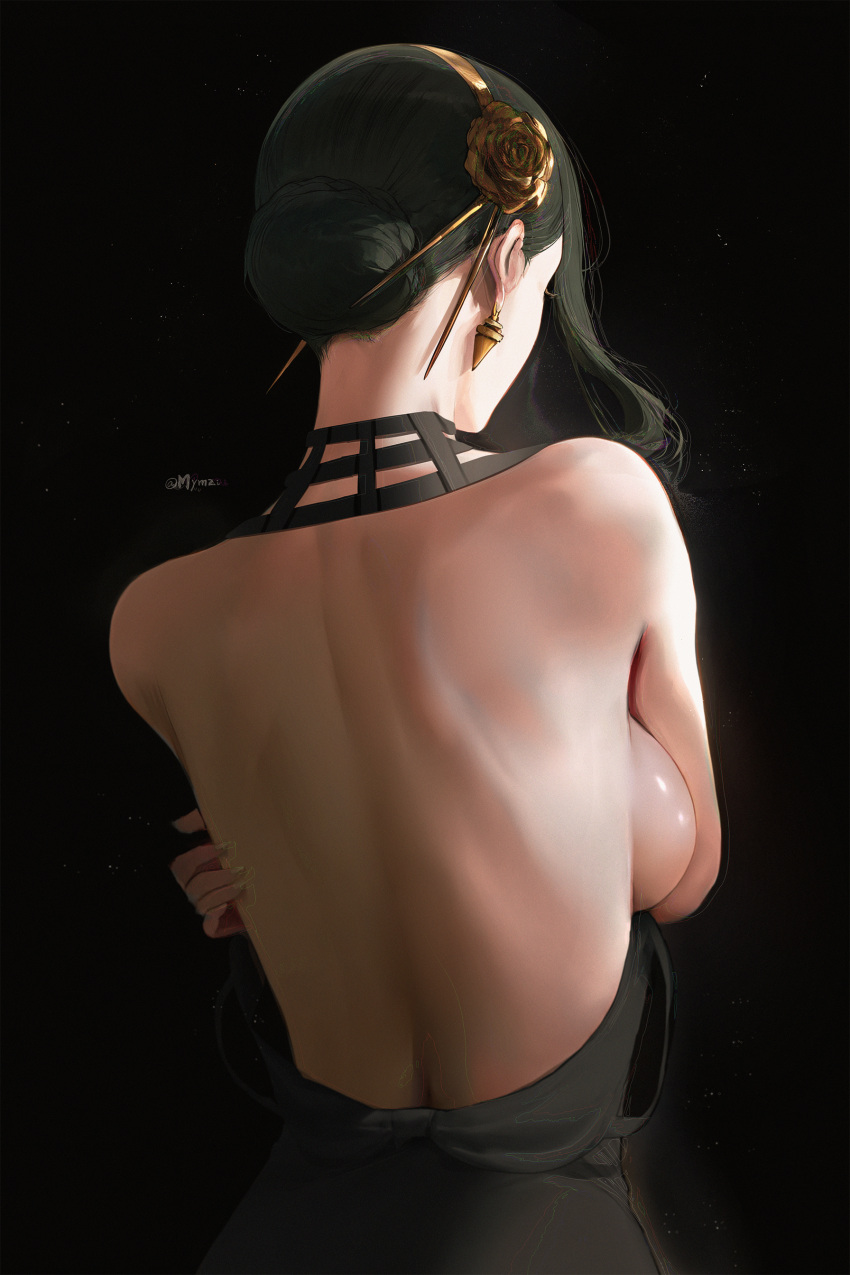 1girls assassin back back_focus back_view backboob big_breasts black_hair breasts breasts_out dress dress_down female female_human female_only hair_ornament human long_hair mature_female mymzi_(mymzidraws) sensual sideboob solo spy_x_family strap_slip thorn_princess tied_hair yor_briar yor_forger