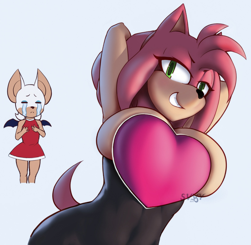 2d 2d_(artwork) 2d_artwork amy_rose amy_rose_(cosplay) amy_the_bat arms_up bodysuit breasts crying curvy_female different_breast_sizes female_humiliation green_eyes hedgehog_humanoid large_breasts mobian mobian_(species) mobian_bat neckline pink_fur rouge_rose rouge_the_bat rouge_the_bat_(cosplay) sega smiling_at_viewer sonic_(series) sonic_adventure_2 sonic_the_hedgehog_(series) spandex_suit svvy_art tail tight_clothing